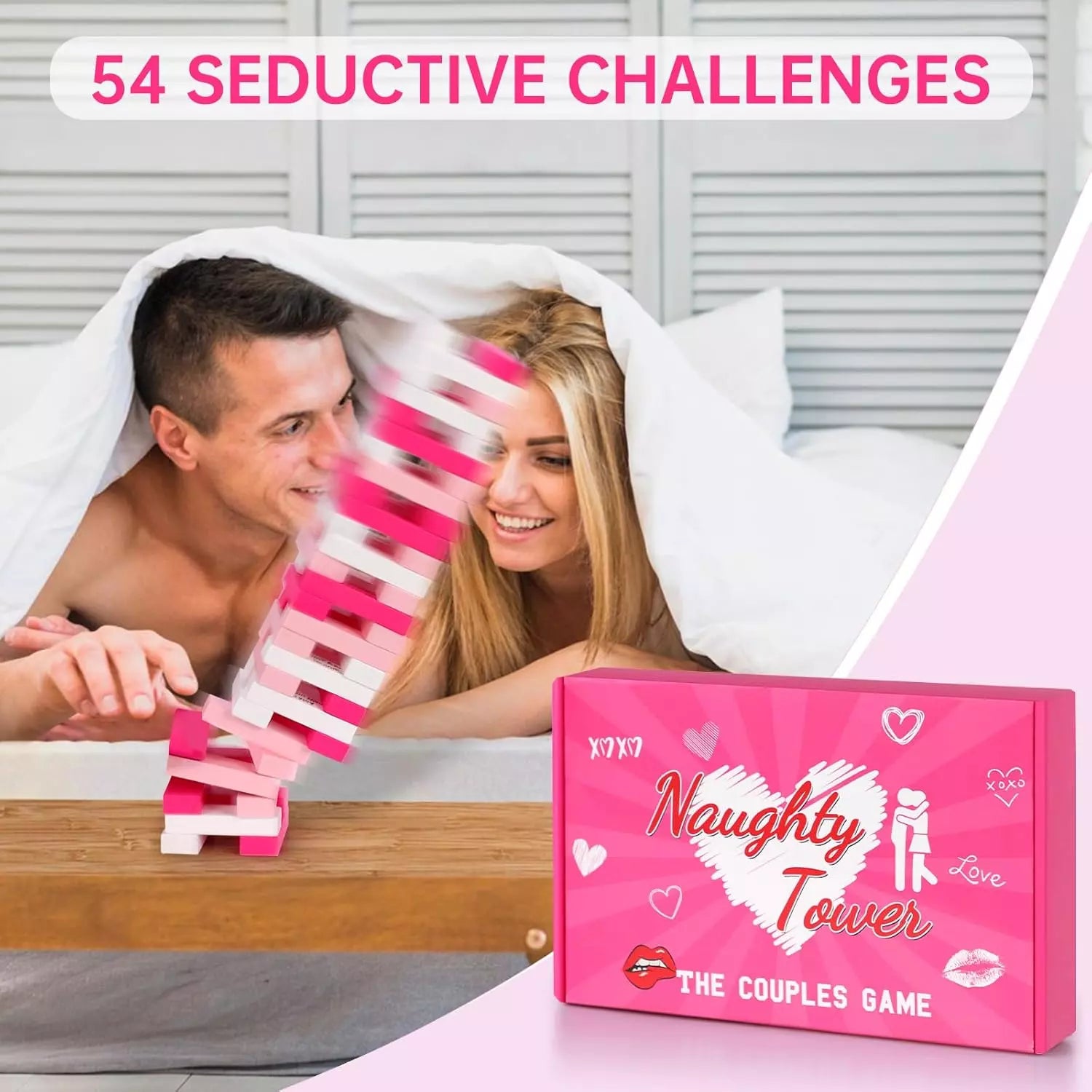 Couple Game Adults 54Pcs Pink Wooden Tower Game for Naughty Date Night Ideas