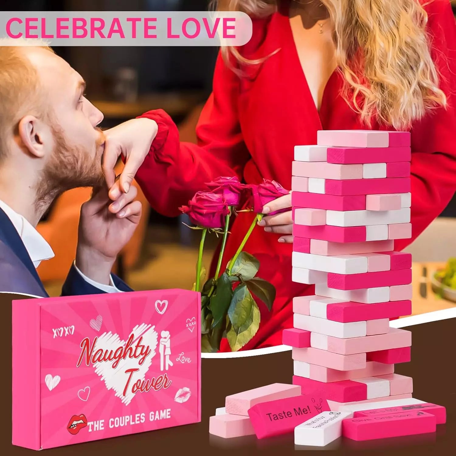Couple Game Adults 54Pcs Pink Wooden Tower Game for Naughty Date Night Ideas