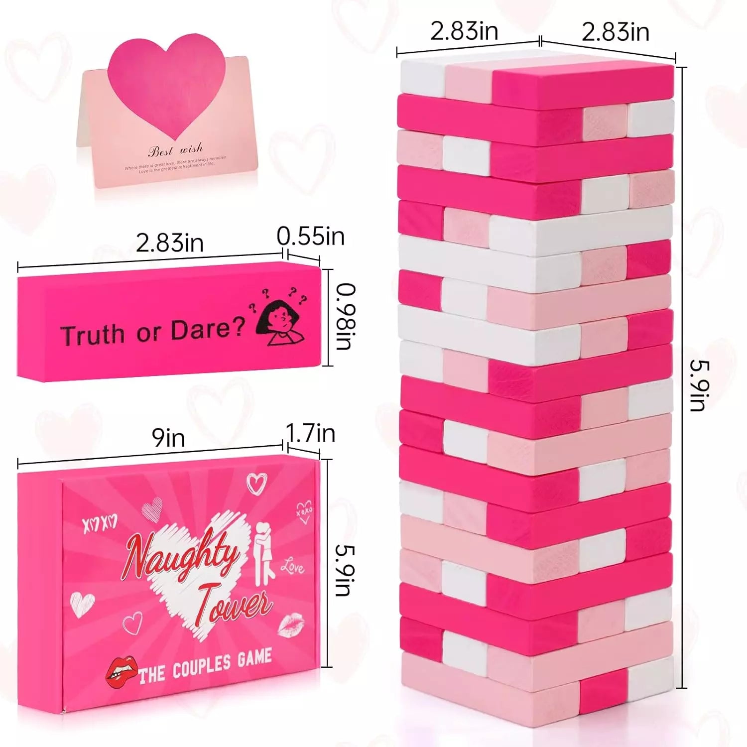 Couple Game Adults 54Pcs Pink Wooden Tower Game for Naughty Date Night Ideas