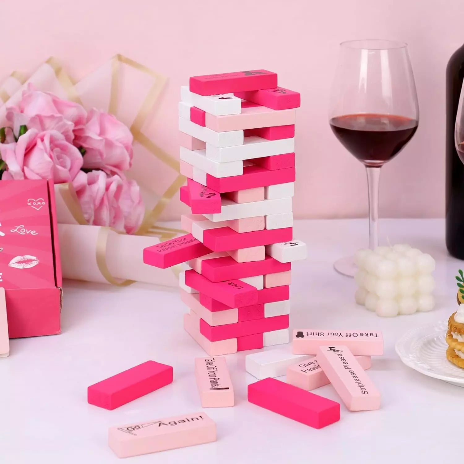 Couple Game Adults 54Pcs Pink Wooden Tower Game for Naughty Date Night Ideas