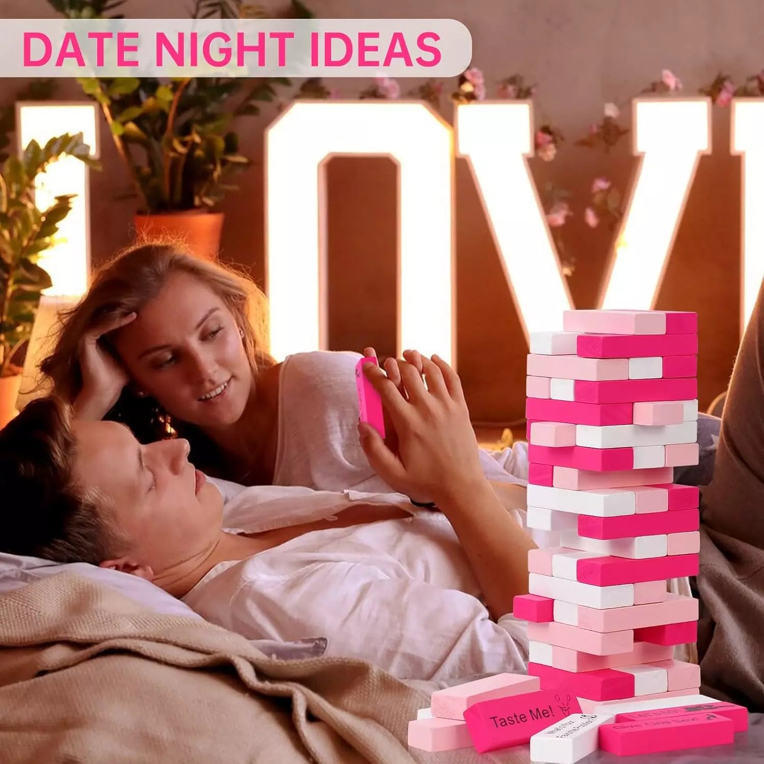 Couple Game Adults 54Pcs Pink Wooden Tower Game for Naughty Date Night Ideas